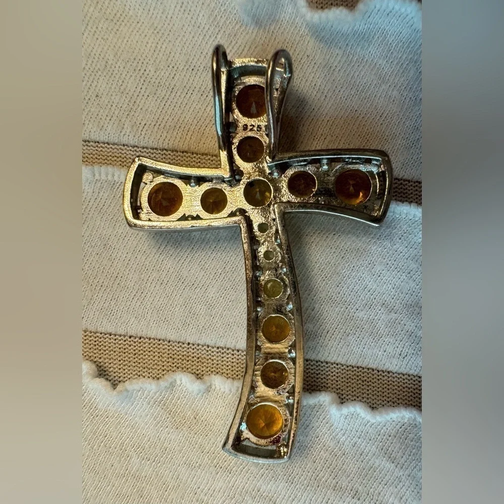 Sterling Silver Cross Necklace Pendant Charm Citrine Stones November Birtbstone
